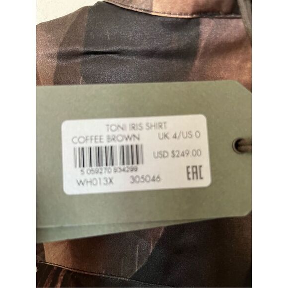 AllSaints Toni Iris Silk Blend Shirt Button Up Coffee Brown NEW - Picture 12 of 14